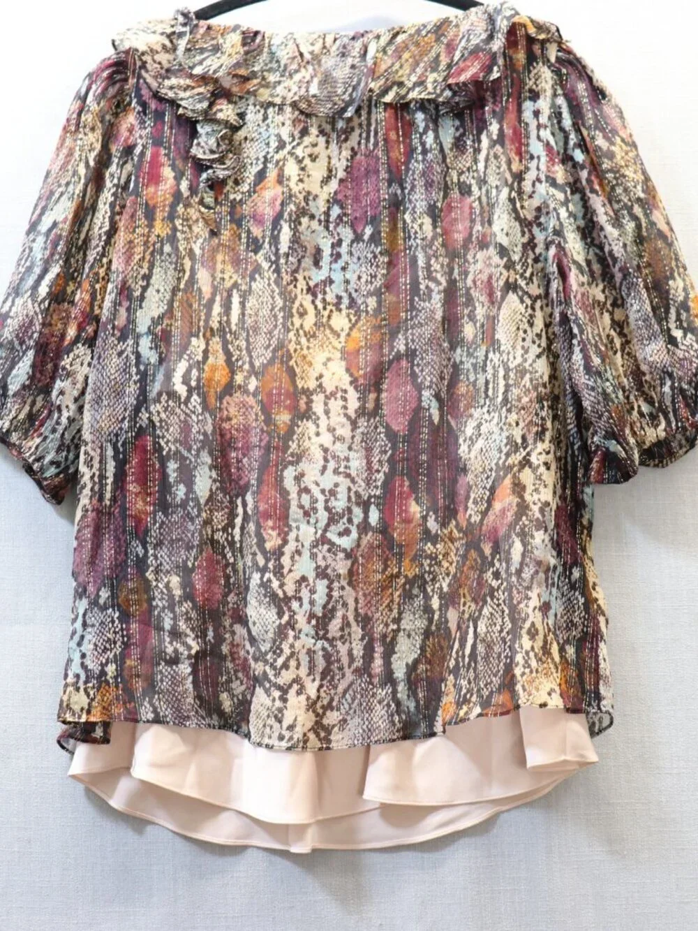 NWT Rebecca Taylor XL SILK Blouse Watercolor Snake Print Gold Metallic Ruffle